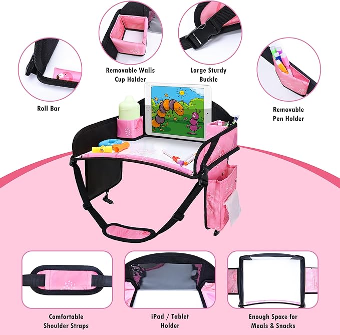 WENRENER Kids Travel Tray, Car Seat Tray for kids Travel, Toddler Road Trip Essentials With Drawing Kit, Toddler Lap Desk Organizer for Car, Carseat Table for Airplane