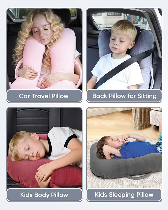 Car Travel Pillow for Kids Adults, Raised Padding Head and Neck Support Car Seat Sleeping Pillow for Toddlers, Portable U Shaped Body Pillow for Cars Seat On Road Trip (Light Gray)