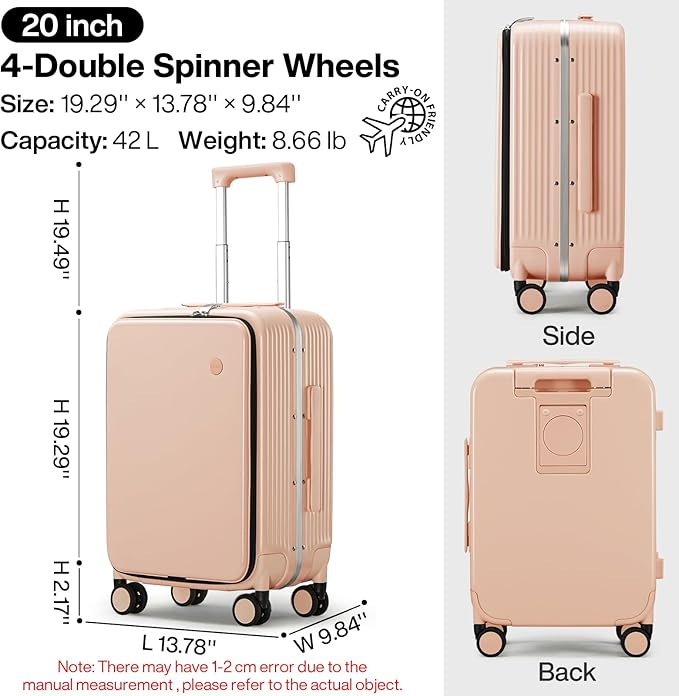 mixi Carry On Luggage with Cup Phone Holder and Charger Hard Shell Suitcases with Spinner Wheels,20 Inch Light Pink