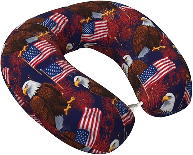 Neck Support Pillow, Comfortable Memory Foam Car/Flight/Airplane Chin Pillows U Shaped Cushion for Office Travel Sleeping Bald Eagle American Flag Fireworks Pattern