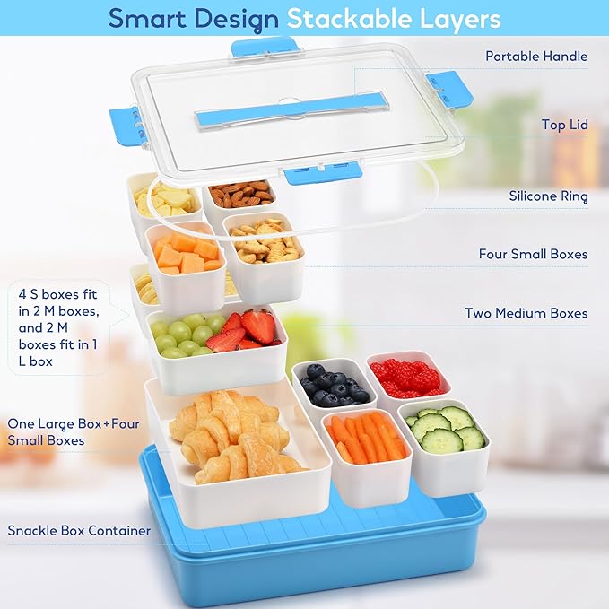 Snackle Box Container for Adults, 11 in 1 Divided Serving Tray Snack Box Containers with Stackable Compartment and Handle, Customizable Charcuterie Boxes Portable Snack Platter for Party Travel, Blue