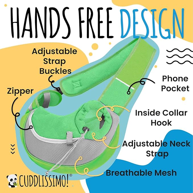 Cuddlissimo! Pet Sling Carrier - Small Dog Puppy Cat Carrying Bag Purse Pouch - For Pooch Doggy Doggie Yorkie Chihuahua Baby Papoose Bjorn -Hiking Travel Front Chest Body Holder Pack To Wear (Green-L)