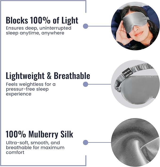 Pure SOL. Silk Sleep Mask - 100% Mulberry Silk Eye Mask - Eye Mask for Sleeping & Blindfold for Power nap During Travel (Charcoal)