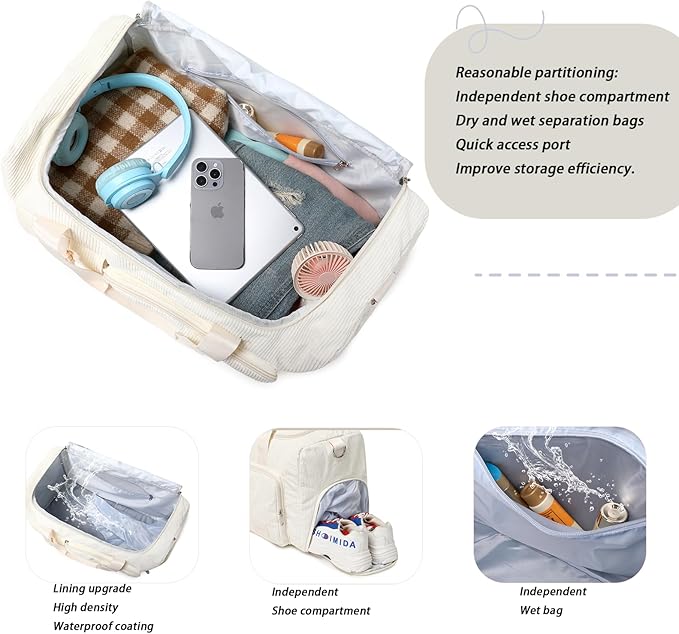 Girls Duffle Bag Woman Corduroy Travel Bag Kids Sports Duffel Bags With Shoe Compartment Wet Pocket (Beige)