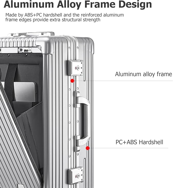 feilario 20in Aluminium Frame PC Hard Shell Spinner Wheels Luggage, Built-In TSA lock Carry on Suitcase, with Cup Holder, USB Port, Phone Holder