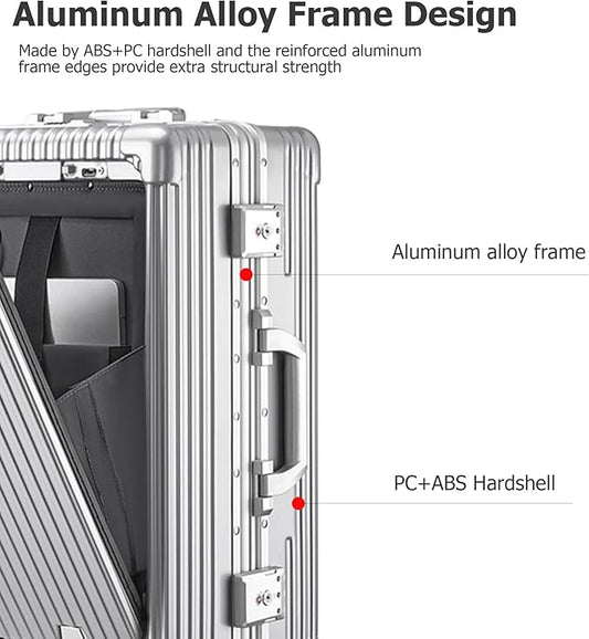 feilario 20in Aluminium Frame PC Hard Shell Spinner Wheels Luggage, Built-In TSA lock Carry on Suitcase, with Cup Holder, USB Port, Phone Holder