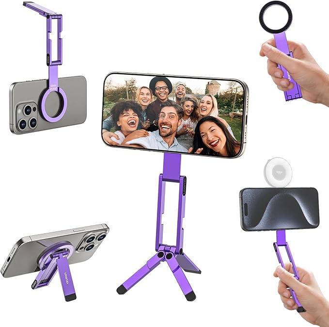 ULANZI MA60 Magnetic Phone Tripod Stand for iPhone - Aluminium Smartphone Mini Tripod Pocket Cell Phone Stand Strong Magnet Quick Mount Compatible with iPhone 16 15 14 13 14 Series, Purple
