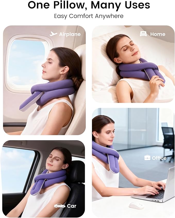 Travel Pillow, Neck Pillow – Ergonomic Memory Foam Pillow for Airplane, Adjustable & Ultra-Lightweight with Dual-Sided Fabric for Flight, Car, and Office Use, Purple