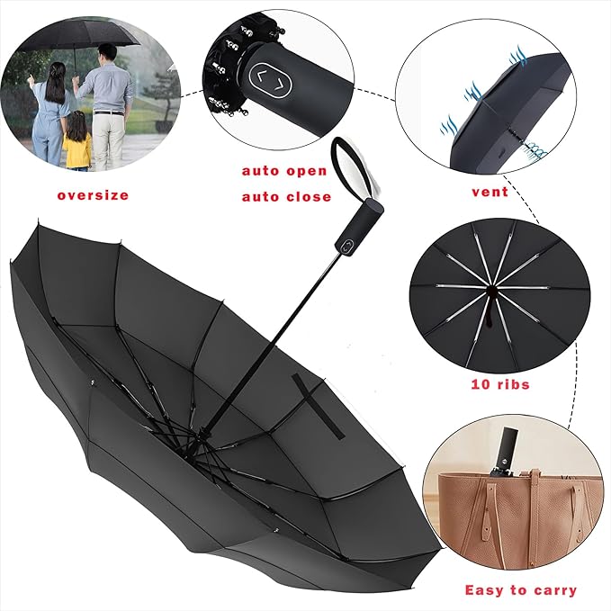 MRTLLOA 49/54/62 Inch Large Folding Golf Umbrella, Oversize Double Canopy Vented 10 Ribs Windproof Compact Travel Umbrellas for Rain