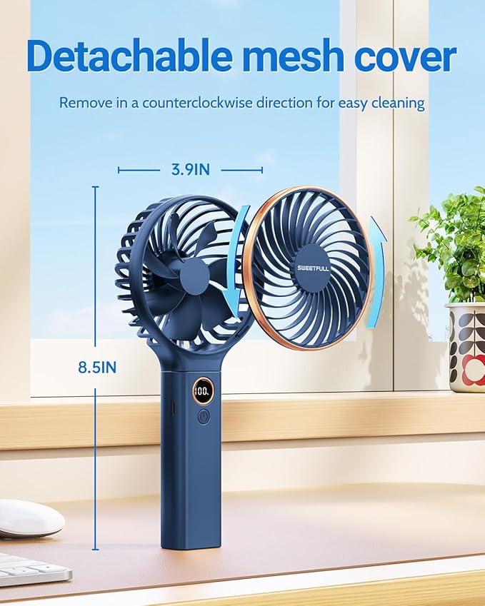 SWEETFULL Handheld Portable Fan, 5000mAh Rechargeable Battery, 6 Speed Wind, LED Digital Display, Foldable Electric Personal Mini Travel Fan with Backup Power, Summer Essentials Gifts for Women Girl