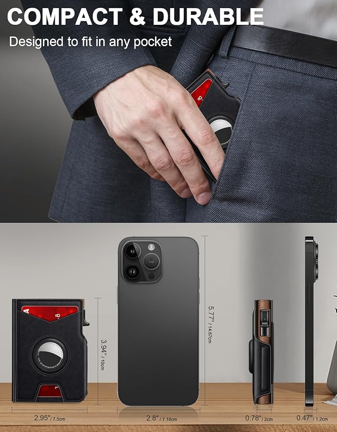 Airtag Wallet for Men, Minimalist Slim Mens Wallet Smart Pop Up Credit Card Holder for 9-13 Cards, RFID Blocking Wallet with ID Window & Cash Slot, Compact Bifold Metal Aluminum Card Case