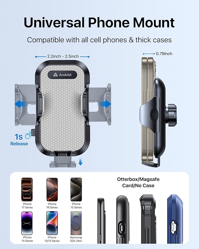 andobil Car Phone Holder Mount (Strong Suction&Bumpy Road Stable) Phone Holders for Your Car, Cell Phone Car Mount for Windshield Dash Vent Truck Cradle Stand for iPhone 17 16 15 14 Pro Max Grey
