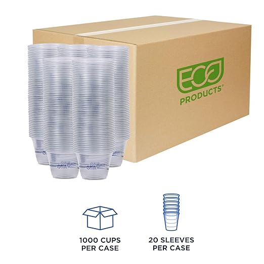 Eco-Products BlueStripe Recycled 9oz Plastic Cups, Case of 1000, Made from 30% Post-Consumer Recycled Plastic Bottles, Recycled PET (rPET) For Cold Drinks & Snacks, Clear For Visibility