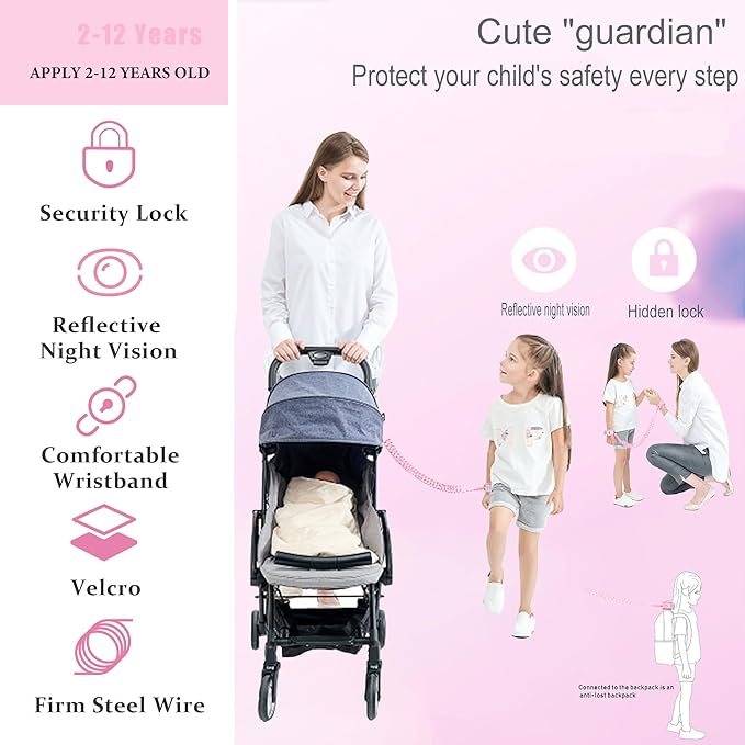 Toddler Harness Walking Leash- Child Anti Lost Wrist Link - Child Safety Harness - Upgrade with Reflective(6.5ft) - for Boys and Girls,Not Easy to Open Without Key (Light Pink)