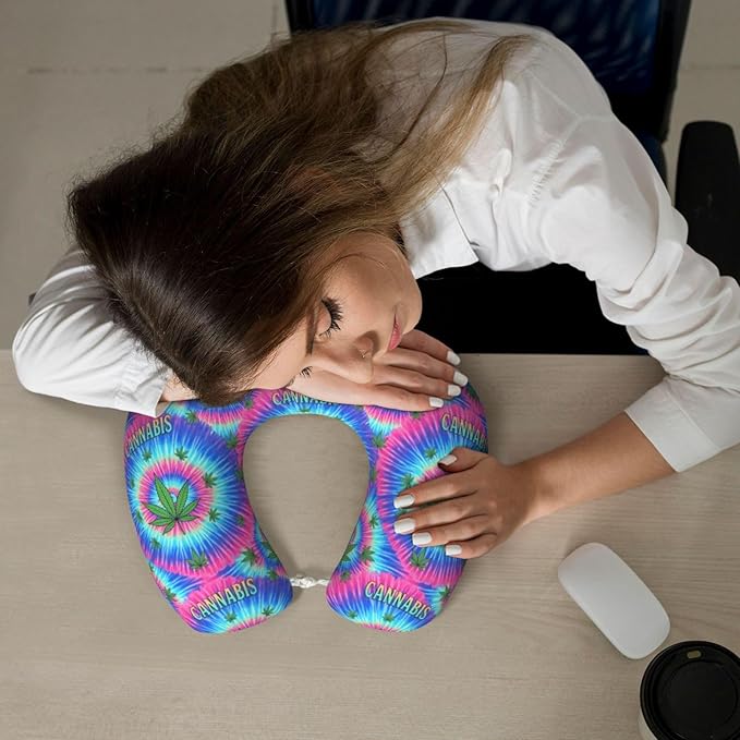 Neck Pillow Memory Foam Travel Pillows Comfortable for Airplane Flight Car Travel Office Nap and Sleeping, Funny Cushion for Head Shoulder Colorful Weedleaf Leaf