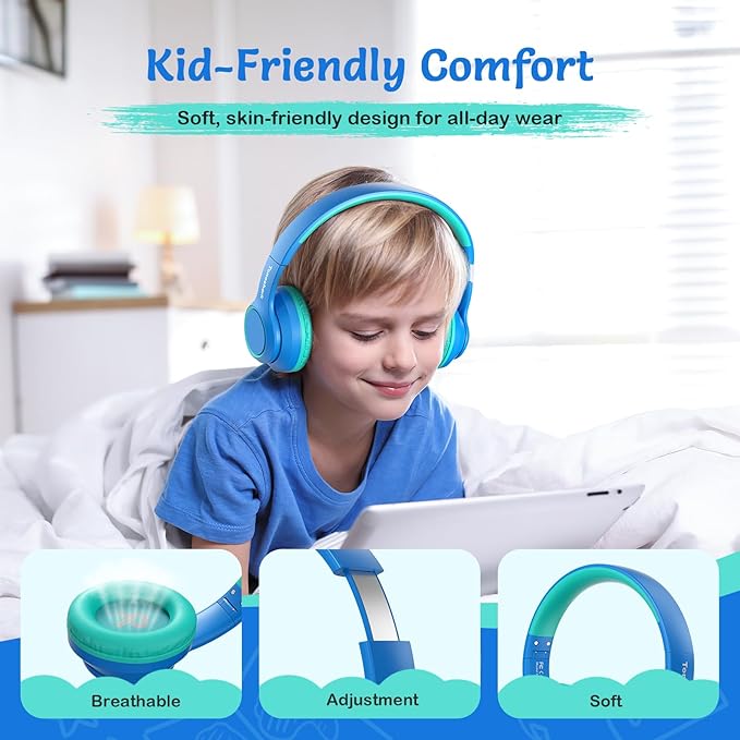 Kids Bluetooth Headphones with Active Noise Cancelling, Wireless Over-Ear Headphones for Boys Girls, Foldable, Adjustable, Safe Volume, 40H Playtime, Mic for School Travel(Blue)