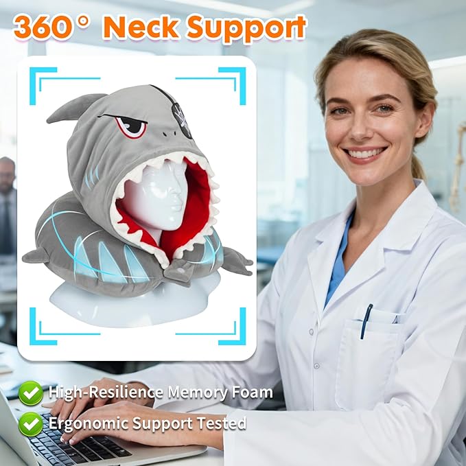 Travel Neck Pillow with Hood for Kids Adult Cute Soft Plush Memory Foam Airplane Neck Pillow for Traveling Animal Flight Pillow Head Rest Neck Support for Cars Long Flights