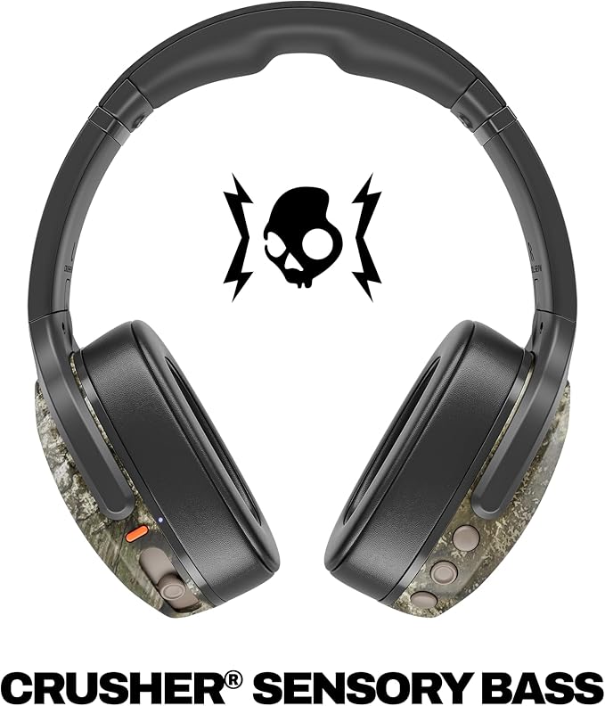 Skullcandy Crusher Evo Wireless Bluetooth Headphones with Multi-Sensory Bass, Noise Isolating Over-Ear Fit, Up to 40 Hours Battery, Microphone for iPhone Android - Realtree APX Black/Orange