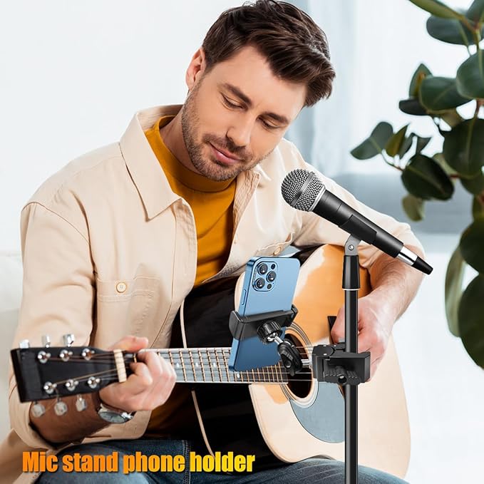 Phone Holder for Mic Stand, Treadmill, Spin Bike, Stroller, Adjustable Clamp on Phone Holder for Microphone Stand, Desk Pipe Pole Clamp Phone Mount Stands for iPhone Samsung All Smartphones (Standard)