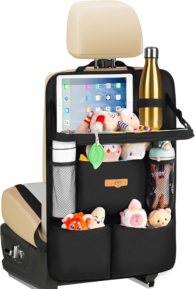 SURDOCA Backseat Car Organizer with Foldable Tray for Kids & Adults – NEW MODEL Seat Storage with Touchable Tablet Pocket, Roadtrip Essentials – Fits Most Vehicles