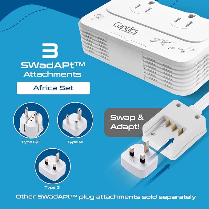 Ceptics South Africa Voltage Converter - 200W Convert 220V to 110V for Devices Like Curling Iron, Straightener, Chargers, Step Down World Power Plug 4 USB PD 18W Fast Charging Type M, G, E/F