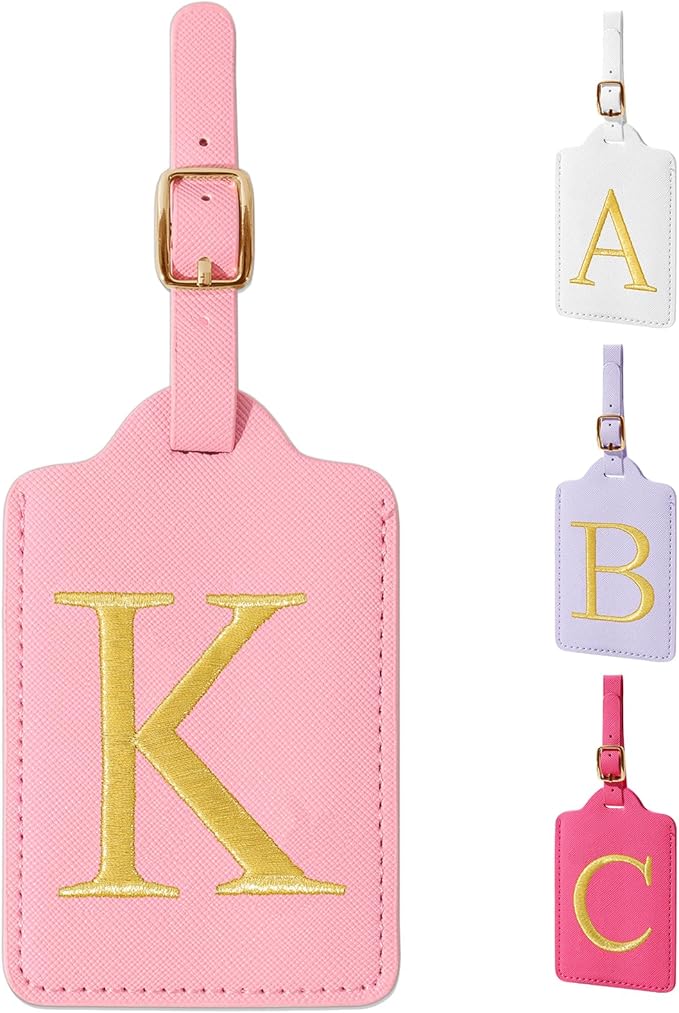 Personalized Initial Luggage Tags for Suitcase, Pink Leather Cute Luggage Tags with Privacy Cover Name Card, Embroidered Custom Monogrammed Luggage Tag Travel Bag Baggage Tags Gifts for Women Kids(K)