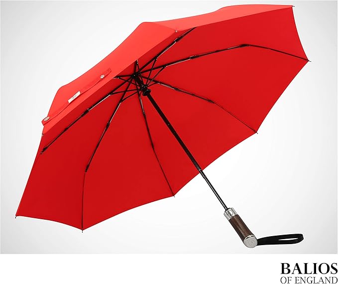 Balios (Designed in UK) Travel Umbrella Luxurious Golden Hardwood Handle Auto Open & Close Windproof Frame Single Canopy Automatic Folding Umbrella Men's & Ladies