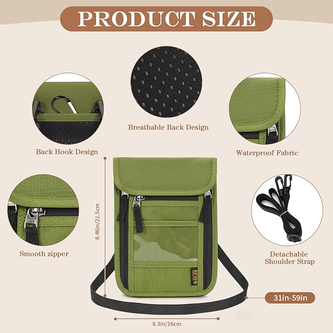 Passport Holder for Travel, Neck Pouch Travel Wallet With RFID Blocking, Waterproof Lightweight Passport Wallet for Women and Men (Green)