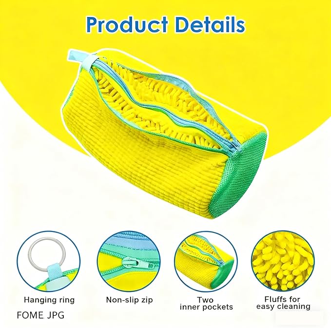 Lazy Shoe Wash Bag – Dual Zipper Chenille Shoe Laundry Bag with Dual Pockets, Anti-Deformation Mesh Wash Bag for Machine Washing Sneakers, Running Shoes & Kids’ Shoes, Gray