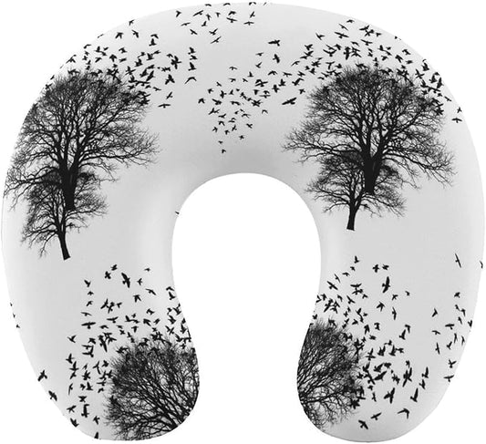 Compact Polyester Neck Support Pillow, Black Crow Raven Bird On Tree Branch Camo U-Shaped, U-Shape Rest Cushion for Car Office Travel, Machine Washable Comfort