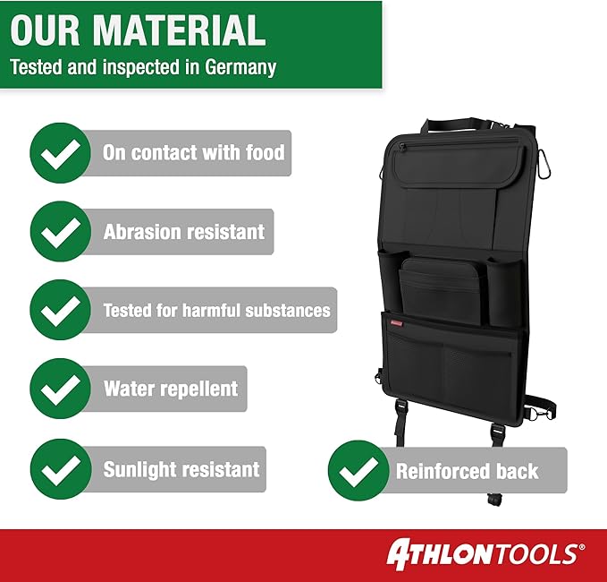 ATHLON TOOLS car seat organizer with integrated tablet holder - Reinforced back - with extra pen pocket - for business and children - Designed in Germany