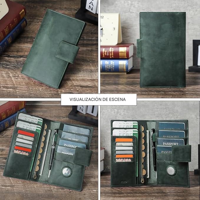 CONTACTS Full Grain Leather Family Passport Holder for 4 Airtag Passport Wallet RFID Blocking Travel Passport Cover with 4 Passport Slot, 6 Card Slot (Green)