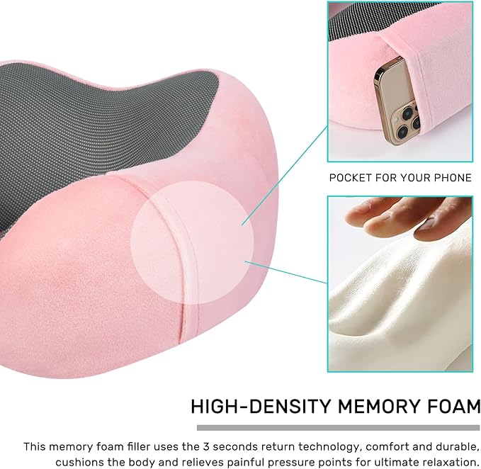 Neck Pillow Airplane-2 Pack Memory Foam Travel Pillow, Soft Support Travel Neck Pillow for Travelling, Sleeping Rest, Car, Train and Home Use (Grey&Pink)