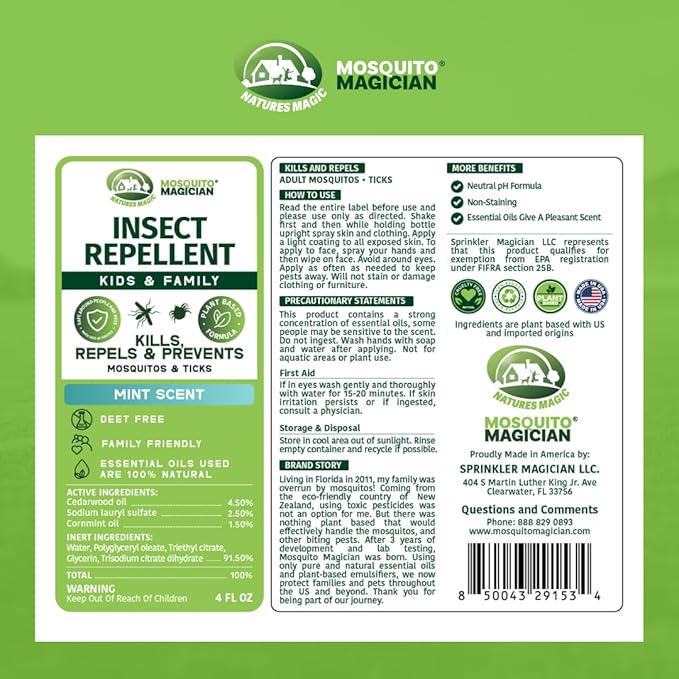 Mosquito Magician Natural Bug Spray for Body – Kid Safe Mosquito Repellent with Natural Essential Oils, Kills, Repels, & Prevent Travel Size Bug Spray for Kids & Family – Mint, 4 OZ