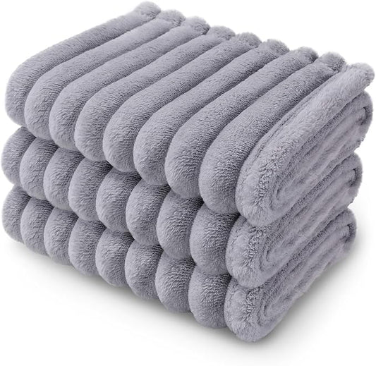 LINENLUX 1 Pack 3 Soft Fleece Dog Blanket for Pet Washable Warm Cat Puppy Fluffy Calming Flannel Grey Large