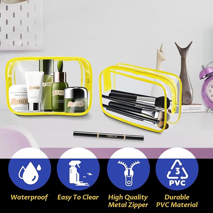 16 Pieces Clear Makeup Bag PVC Zippered Clear Toiletry Carry Pouch Portable Cosmetics Bag Waterproof Makeup Bag Vinyl Plastic Organizer Case for Travel Vacation Bathroom (Yellow-M)