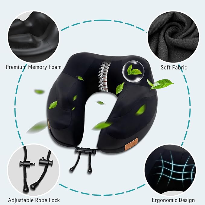 Travel Pillow for Airplane, Memory Foam Airplane Neck Pillow for Long Flight Sleeping, Soft, Comfort Portable Travel Neck Pillow for Flight, Drive, Work, Rest, with Storage Bag