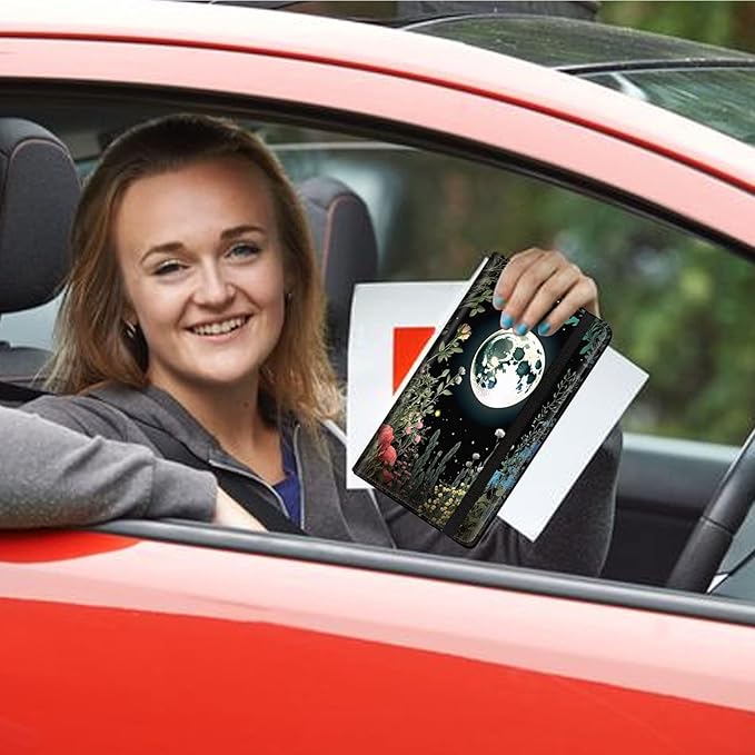 Car Registration and Insurance Holder, Leather Car Glove Box Organizer, Cool Car Accessories for ID, Driver's License Cards & Essential Document,Men&Women,business cards,Grass Flowers Moon Star