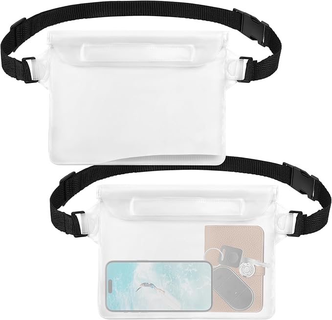 2-Pack Waterproof Pouch with Adjustable Waist Strap, Waterproof Dry Bag, Keeps Cell Phones and Valuables Safe and Dry, Perfect for Kayaking, Beach, Camping and Swimming (White)