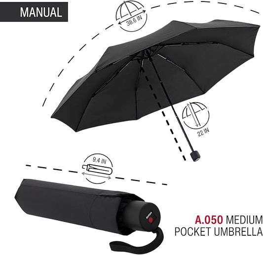 Knirps A.050 Black Manual Open Close Travel Rain Umbrella for Adults – Ultra Lightweight, Compact Windproof 38.5" Water Resistant Canopy, Steel Aluminum Frame, Travel Case Included