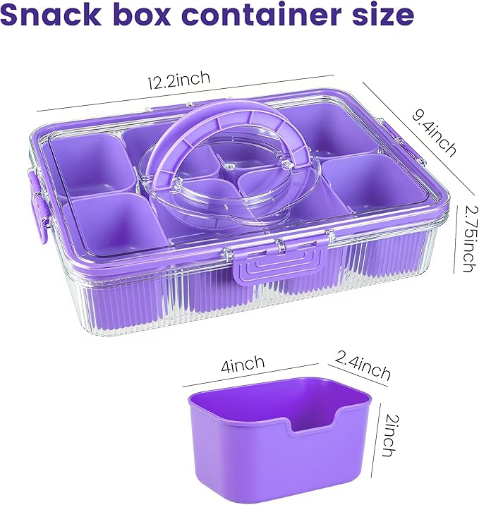 Patent Design Ribbed Snackle Box Container Divided Serving Tray with Lid and Handle -Charcuterie Container Portable Storage Organizer for Candy, Fruit, Beach, Picnics（1 pcs, Purple