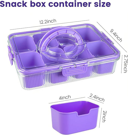 Patent Design Ribbed Snackle Box Container Divided Serving Tray with Lid and Handle -Charcuterie Container Portable Storage Organizer for Candy, Fruit, Beach, Picnics（1 pcs, Purple
