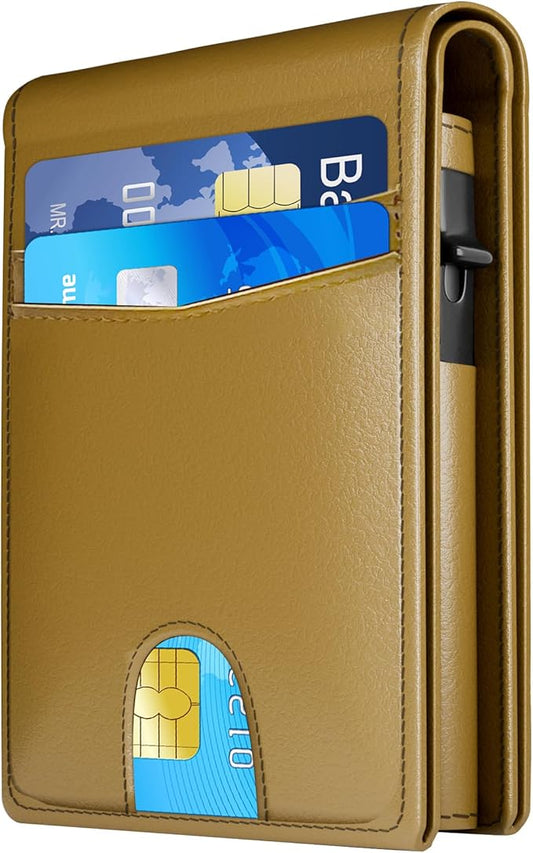 Wallet for Men - RFID Blocking [Functional & Practical] Bifold Slim Minimalist Credit Card Holder Pop Up Metal Case with Cash Slot Front Pocket with ID Window, Gift Boxed (Brown)