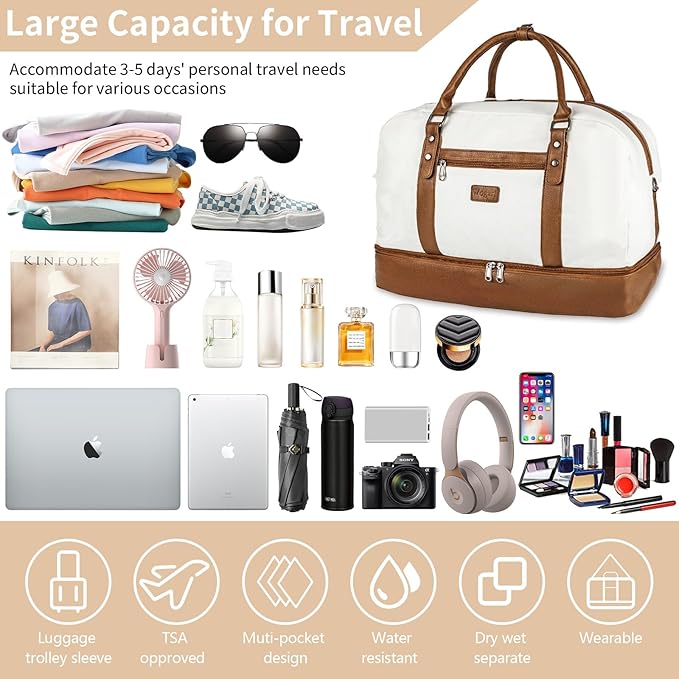 Wogarl Weekender Bags for Women Large Canvas Overnight Bag Travel Duffel Bags Carry on Shoulder Weekend Bag with Shoe Compartment for Travel Night Flight Daily Use