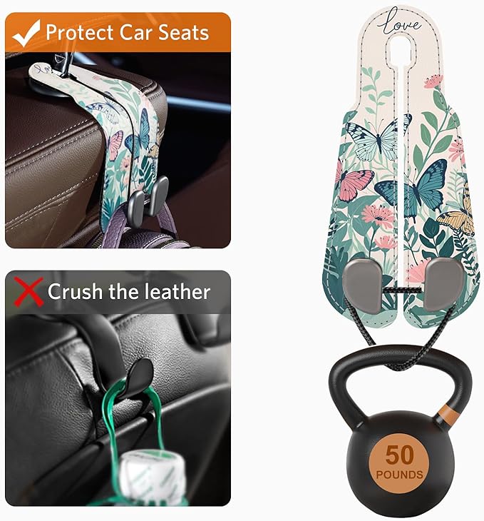CoBak Purse Hook for Car - Universal Premium Stitched Leather and Aluminum-Magnesium Alloy Double Car Seat Back Storage Hook for Purses, Handbags, Bags (2 Pack),Whipering Garden