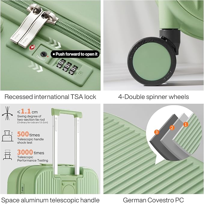 mixi Checked Luggage with Cup Phone Holder Hard Shell Rolling Travel Suitcase with Spinner Wheels,26 Inch Avocado Green