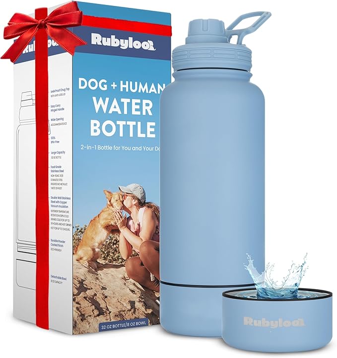 Dog Water Bottle for Dog Lovers - 32 oz Stainless Steel Double Wall Insulated Water Bottle with 8 oz Detachable Bowl on Bottom for Doggy Lovers for Christmas - Dusty Blue