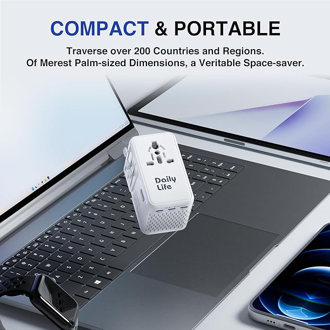DAILYLIFE 220V to 110V Converter, Travel Adapter US to Europe - Power Converter Adapter Combo with 3 USB C and 1 USB A for US/UK/EU/AU, 1 Pack (White)
