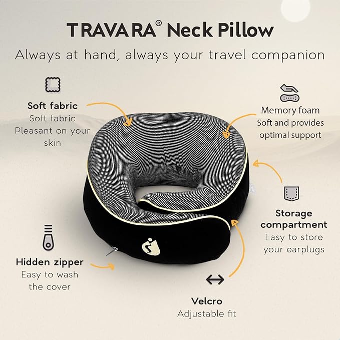 Travel Pillow - Airplane Neck Pillow with 360° Support - 100% Pure Memory Foam Flight Pillow for Sleeping on Airplanes - Travel Neck Pillow for Traveling