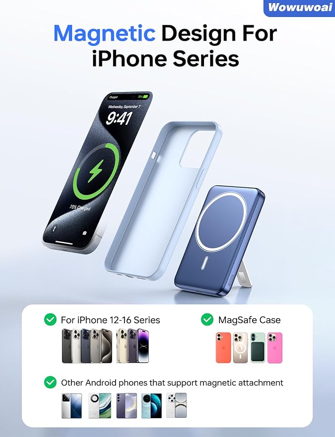 for Magsafe Portable Charger, 10000mAh Wireless Power Bank with Stand, USB C PD 20W Fast Charging Powerbank, Magnetic Battery Pack Compatible for iPhone 17/16/15/14/13/12 Series - Marine Blue